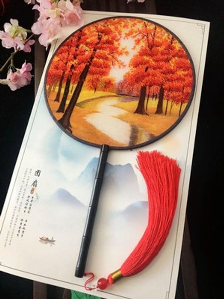 

fine handmade suzhou embroidery craft fan double-side pattern chinese mulberry silk fan dance decorative ebony handle ladies hand fans gift
