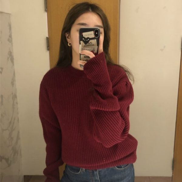 

women autumn winter round collar red christmas sweater ladies long sleeve knitted pullovers brief solid jumper, White;black