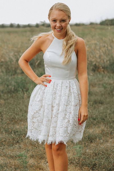 

halter neck satin lace cocktail party gown knee length homecoming dresses vestidos de coctail, Black