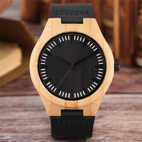 

simple wooden watches men's bamboo wristwatch black genuine leather band analog quartz watch creative minimalist design clock timepiece, Slivery;brown