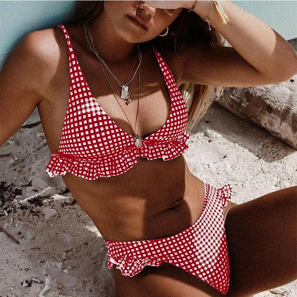 

bikinis set plaid high waist ruffle women's swimsuit two piece bathing suits swimming women dot swimsuit push-up bikini set