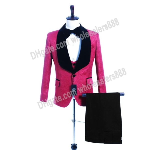 Hot Pink Groomsmen One Button Smoking dello sposo Scialle di velluto Risvolto Abiti da uomo Matrimonio Best Man Sposo (giacca + pantaloni + gilet + cravatta) L252