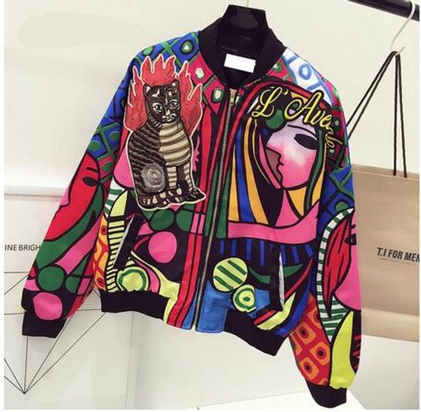 

new queen embroidery bomber jacket women harajuku cat pilot jacket coat womens casual printing basic baseball jackets outwear, Black;brown