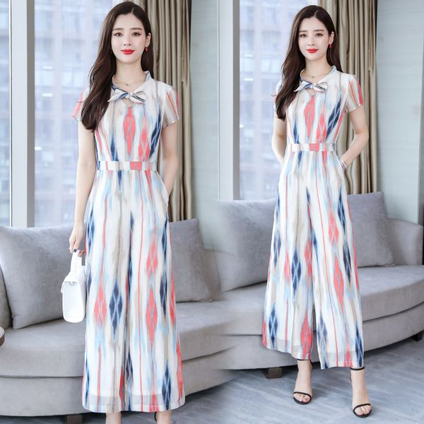 

ropa de verano mujer 2020 new chiffon korean fashion loose wide-leg one piece jumpsuit womens clothes white plus size, Black;white