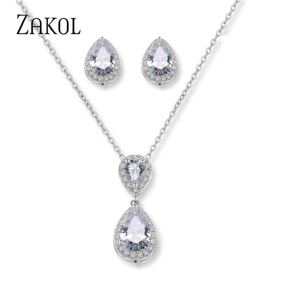 

zakol elegant cubic zirconia water drop earrings necklace set bridal jewelry for women wedding party gifts fssp3036, Silver