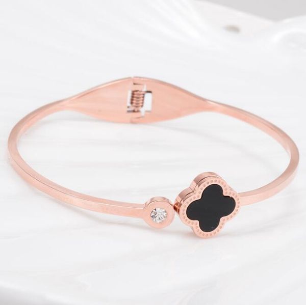 

surgical grade 316l stainless steel clover charm hinge spring bangle high polished ip plated titanium steel mop bracelet, Black