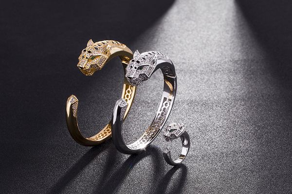 

maxi environmentally friendly copper plated diamond machine classic leopard head bracelet ring animal shape jewelry, Golden;silver