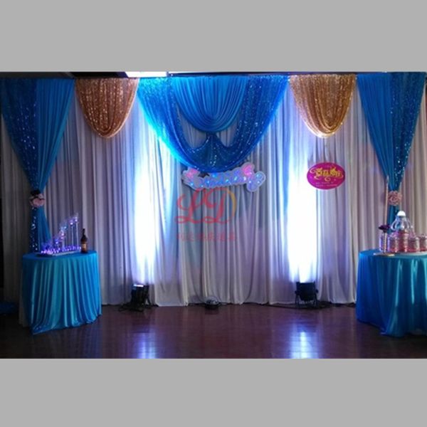 

3*6m white ice silk wedding backdrops with teal blue swag stage background drape and curtain wedding decoration