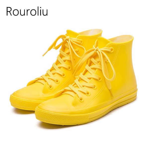 

rouroliu women autumn flat platform rain shoes female lace-up water boots wellies waterproof ankle footwear woman rt251, Black