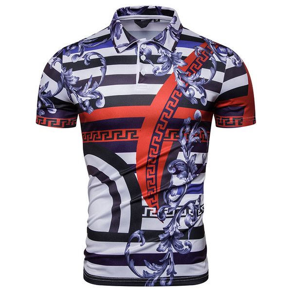 

Summer Digital Printed Mens Polo Luxury Striped Lapel Neck Short Tees Casual Slim Panelled Mens Tees