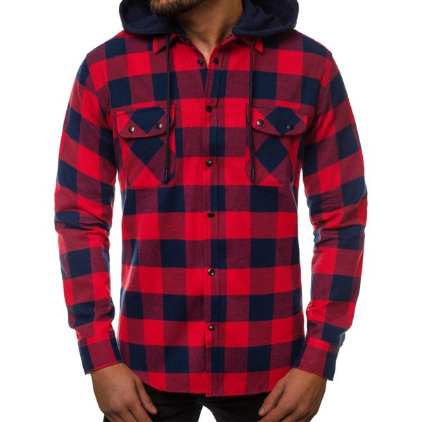 

2020 autumn shirt men's single breasted long sleeve detachable hat shirt casual plaid pocket high quality, White;black