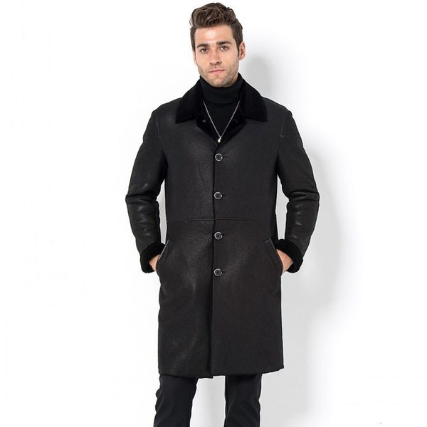 

italy mens lamb fur lining long trench single breasted lapel collar business work winter jacket quaity genuine leather coats, Black