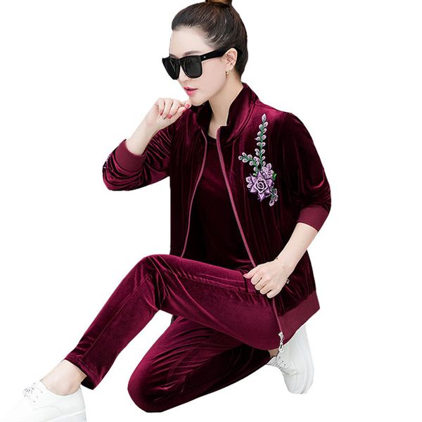 

2019 spring women gold velvet suits three piece set embroidery short jacket and vest and pants tracksuits set plus size 4xl l262, White