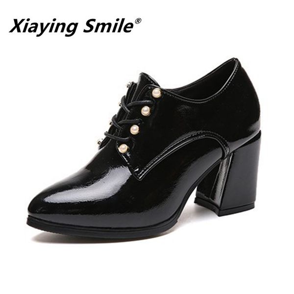 

xiaying smile women heel pumps new fashion casual shoes spring autumn classica pointed toe lace up shoes ladies string bead shoe, Black