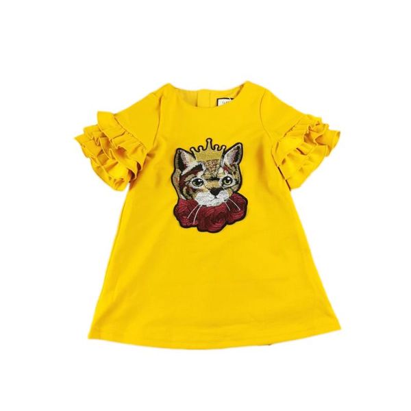 

princess girls dress new fashion summer cat embroidery children petal sleeve cartoon baby girl cotton party dresses for kid, Red;yellow