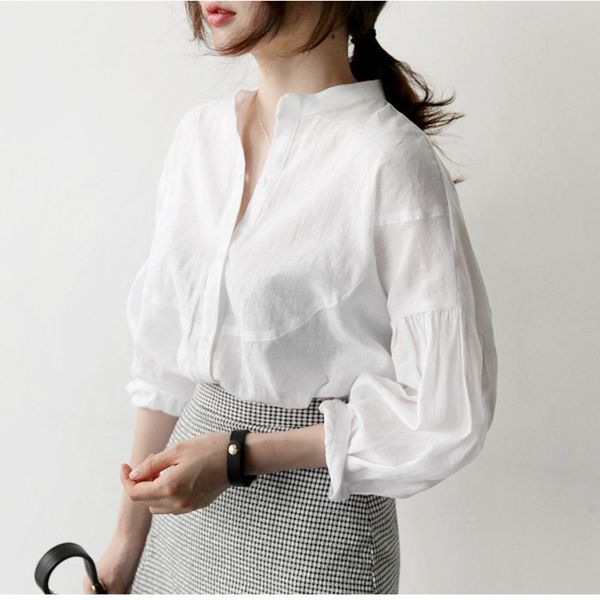 

vadim real new korean sale new arrival cotton polyester women blusa 2019 lantern sleeve shirt loose joker, White