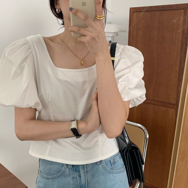 

women lace up sweet halter blouses women korean puff sleeve ladies blusas shirts summer 2020 new fashion female crop, White
