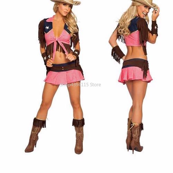 Новая розовая страна Cowgirl Взрослый наряд цирк костюм Хэллоуин Masquerade сексуальный Западный ковбой Униформа роль играют одежду A444203