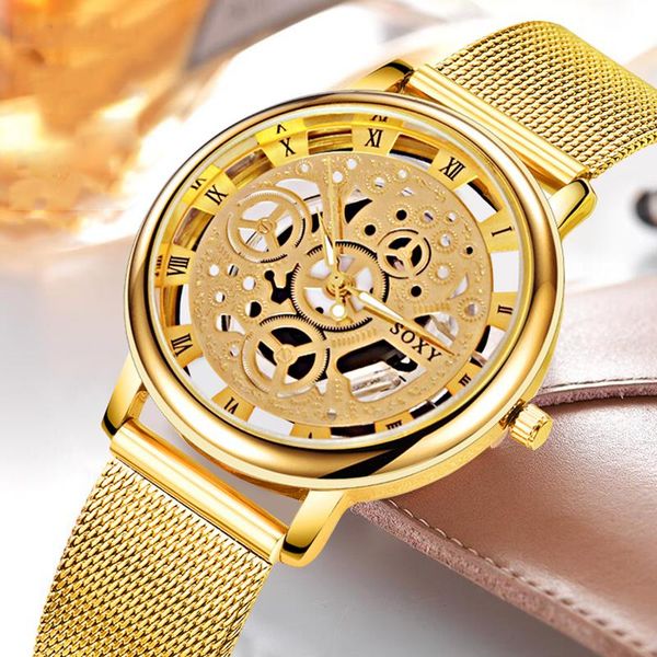 

mens watch 2019 skeleton wrist watch men simple style mesh belt men women quartz watches hollow watches relogio masculino, Slivery;brown