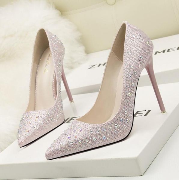 

2019 fall women glitter rhinestone thin high heels pumps white silver peach cinderella drag wedding shoes plus size, Black