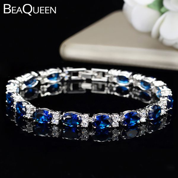 

beaqueen charming sterling silver 925 bracelet royal jewelry dark blue oval cubic zirconia crystal bracelets for women b063, Golden;silver