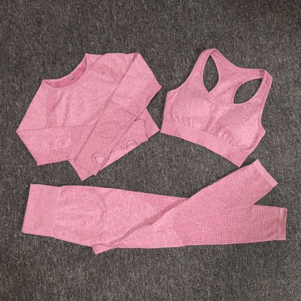 

женская спортивная йога набор crop vital бесшовные поножи + спорт brassiere + топ с длинным рукавом 3шт спортивные костюмы gym workout одежд