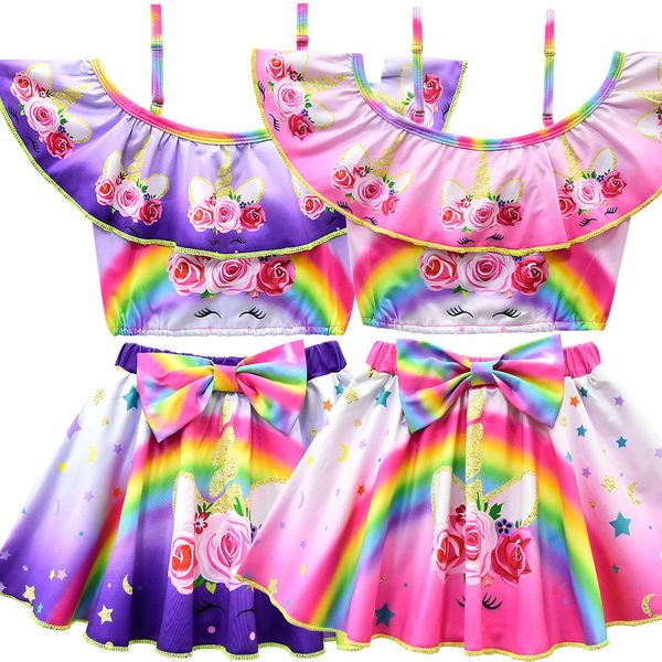 

toddler baby kids girls unicorn swimsuit rainbow swimwear cartoon print bathing suit bikini dress set unicorn costume for girl, White;black