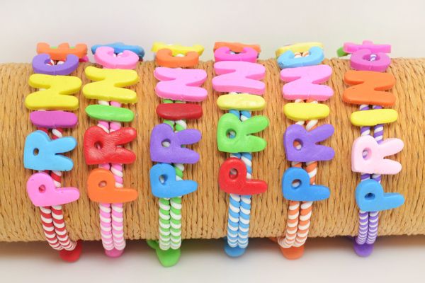 

yingwu 50pcs/lot mix fimo polymer clay children's letter bracelet kids charm rope bracelets hand student prize gift wholesale, Golden;silver