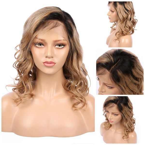

short ombre blonde 13Ã6 lace human hair wigs brazilian virgin wavy human hair with pre-plucked hairline wigs for women baby, Black;brown
