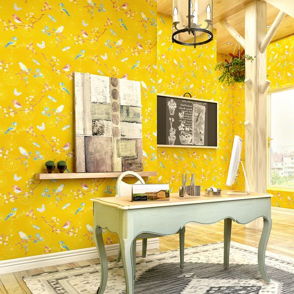 

bright yellow american wallpaper garden flowers painted wallpaper lux simple modern living room wall bedroom background decor