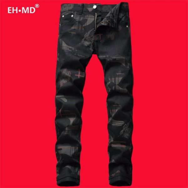 

eh·md® digital 3d printed jeans men's black high street youth high-end pure cotton zipper stretch personality trousers 2020 new, Blue