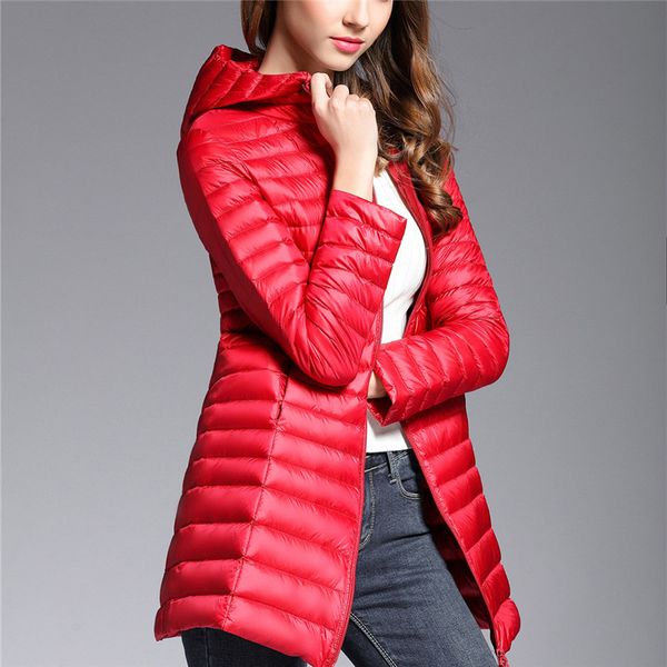 

2018 autumn winter women white duck down jacket big size lady light thin down jacket slim midi long coat hooded coats wz599, Black