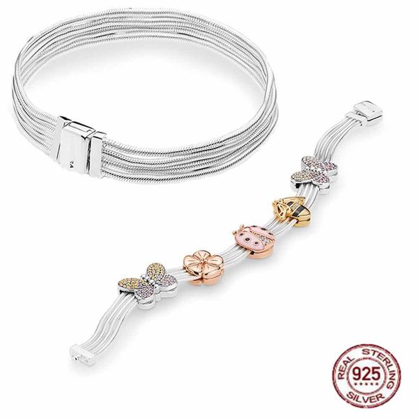 

authentic 925 sterling silver europe reflexions multi snake chains bracelet for women bead charm bangle gift diy jewelry, Golden;silver