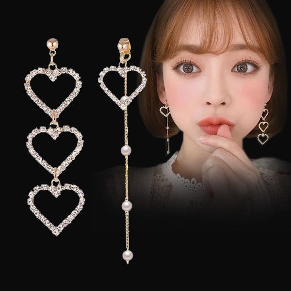 

heart earrings womens personality temperament long korean-style simple net red non-matching drop earring 925 silver stud earrings, Golden