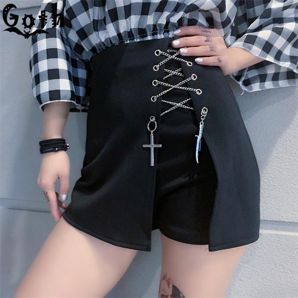 

women black slim shorts gothic punk high waist chain cross bandage shorts summer streetwear casual hip hop fashion, White;black