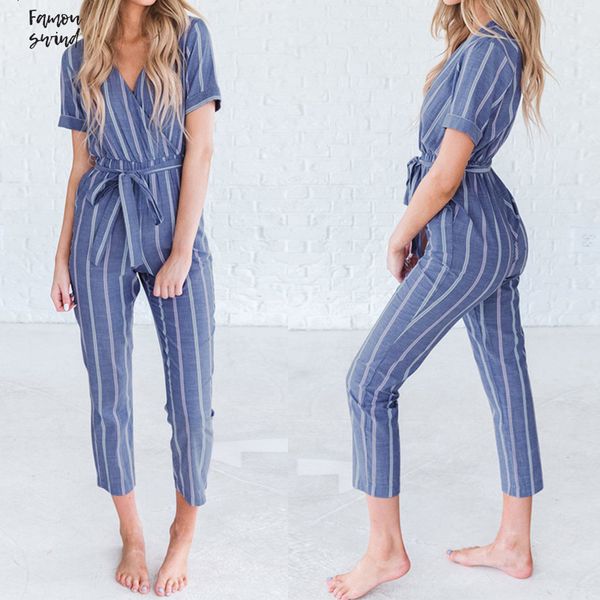 

ladies women casual rompers belt striped jumpsuits female v neck playsuits pant elegant work overalls plus size pantalon, Black;white
