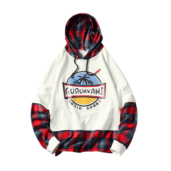 

brand men's hoodies long sleeve pullover fake two piece grid patchwork large size printed hoodies autumn men casual sweatshirtsÂ, Black