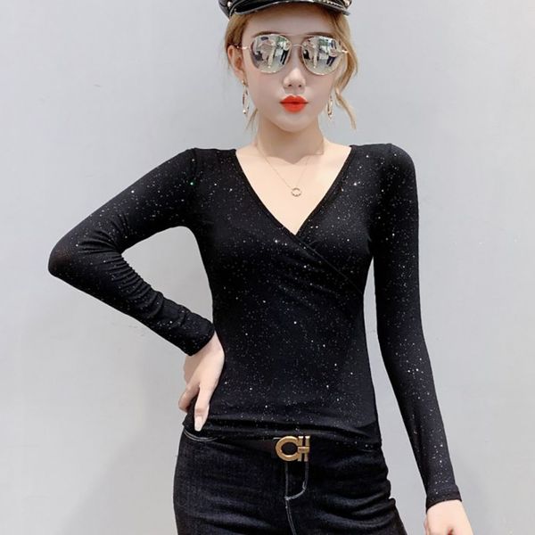 

ladies v neck long sleeve slim t shirts female autumn casual solid color t-shirt -2xl vetement femme 2019, White