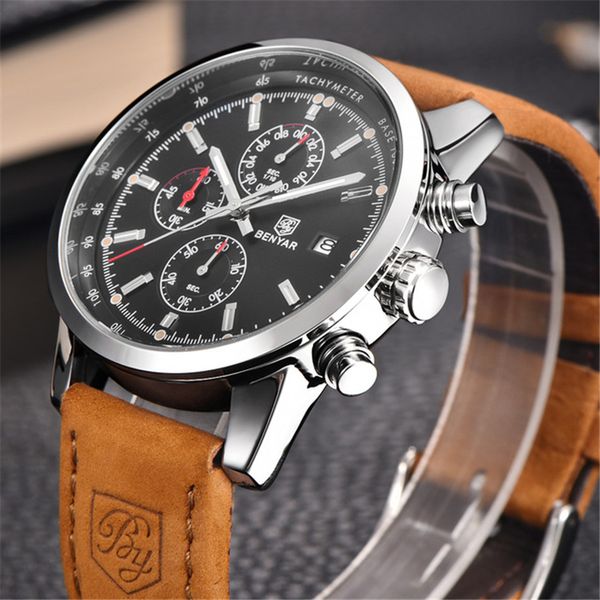 

benyar brand sport men watch brand luxury male leather waterproof chronograph quartz military wrist watch men clock saat, Slivery;brown