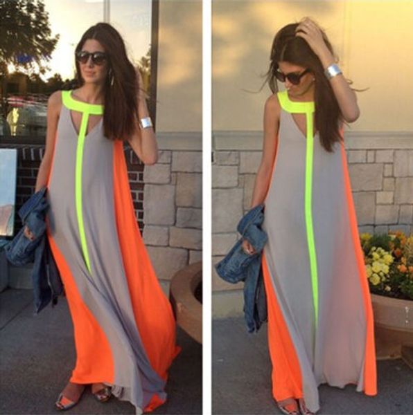 

2015 summer new style womens ladies boho summer patchwork pattern beach loose maxi dress, Black;gray