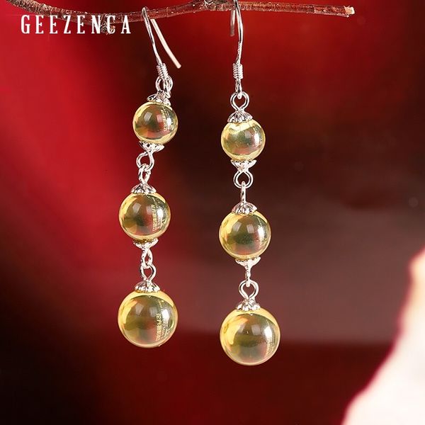 

925 sterling silver blue amber drop earrings for women original design trendy vintage gemstone dangle earring fine jewelry gift, Golden;silver