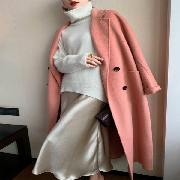 

элегантное осенне-зимнее пальто женщины 95% шерстяное пальто женский длинный кашемир шерстяные куртки корейская весна двусторонняя смесь пал, Black