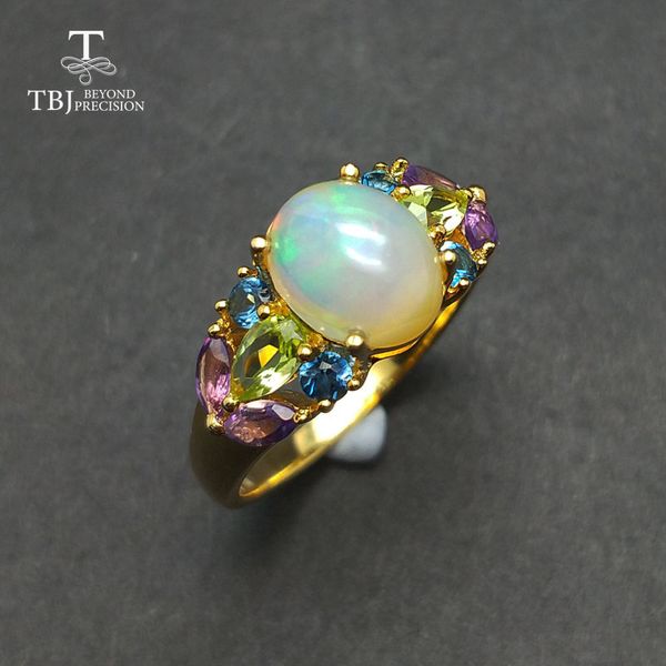 

tbj,natural ethiopian colorful opal with z peridot amethyst gemstone ring in 925 sterling silver for women & girls as gift, Black