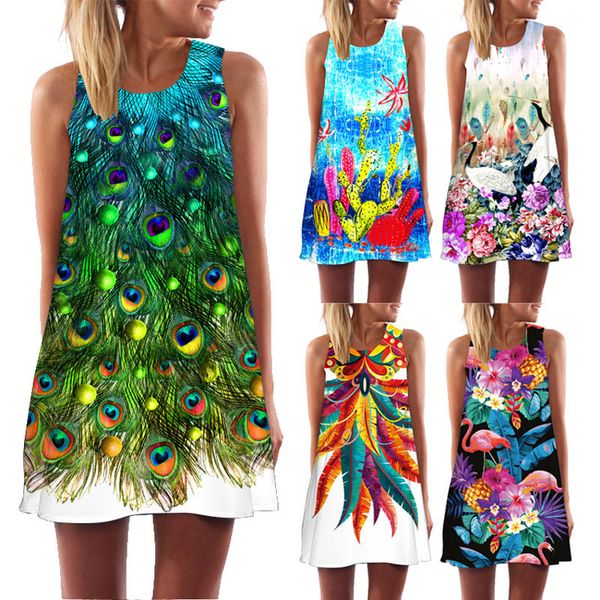 

womens dresses womens dress sleeveless boho beach dress women floral feather print 2019 summer dress new mini casual a line for ladies, Black;gray