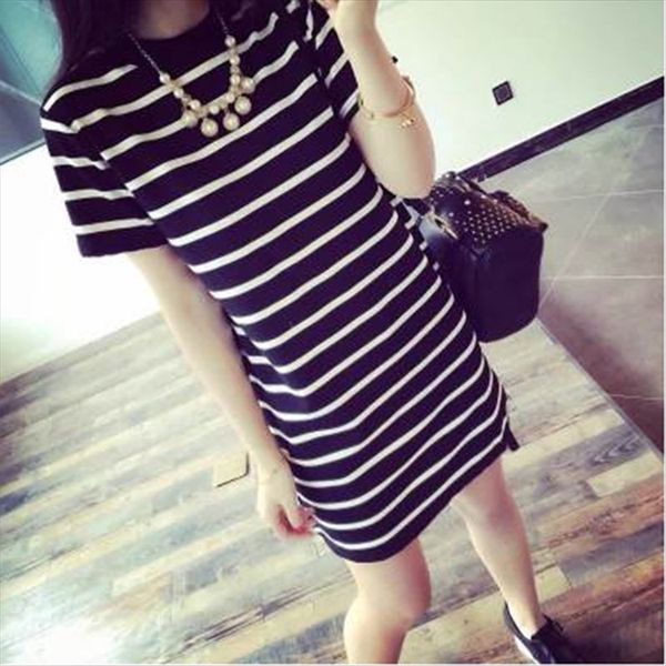 

2020 mid-long t-shirt long skirt striped loose short-sleeved t-shirt women's horizontal striped women's dress, White