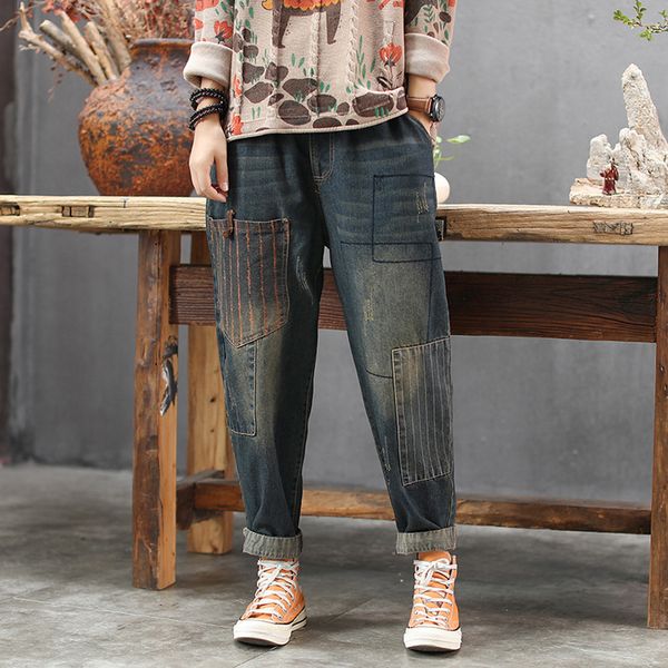 

women jeans denim pants straight big loose oversized striped patchwork retro vintage fashion casual for autumn winter az63202020, Blue