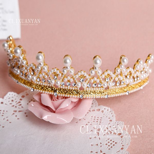 

delicate continental gold crown retro baroque bride wedding tiaras pearl crown wedding hair accessories, Golden;white