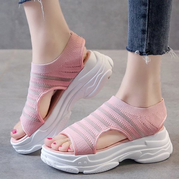 

women sandals platform mesh girl pink 2020 flat heel slip-on open-toe round head stripe beach sandals chunky woman shoes, Black