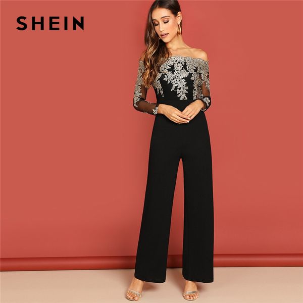 

shein black elegant embroidery sheer mesh off shoulder workwear long sleeve straight leg jumpsuit autumn fashion women jumpsuits, Black;white