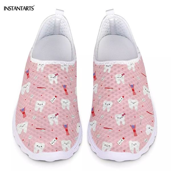 

instantarts cute cartoon tooth print flat sneakers women mesh slip on casual shoes woman daily comfort loafers for teenage girls, Black